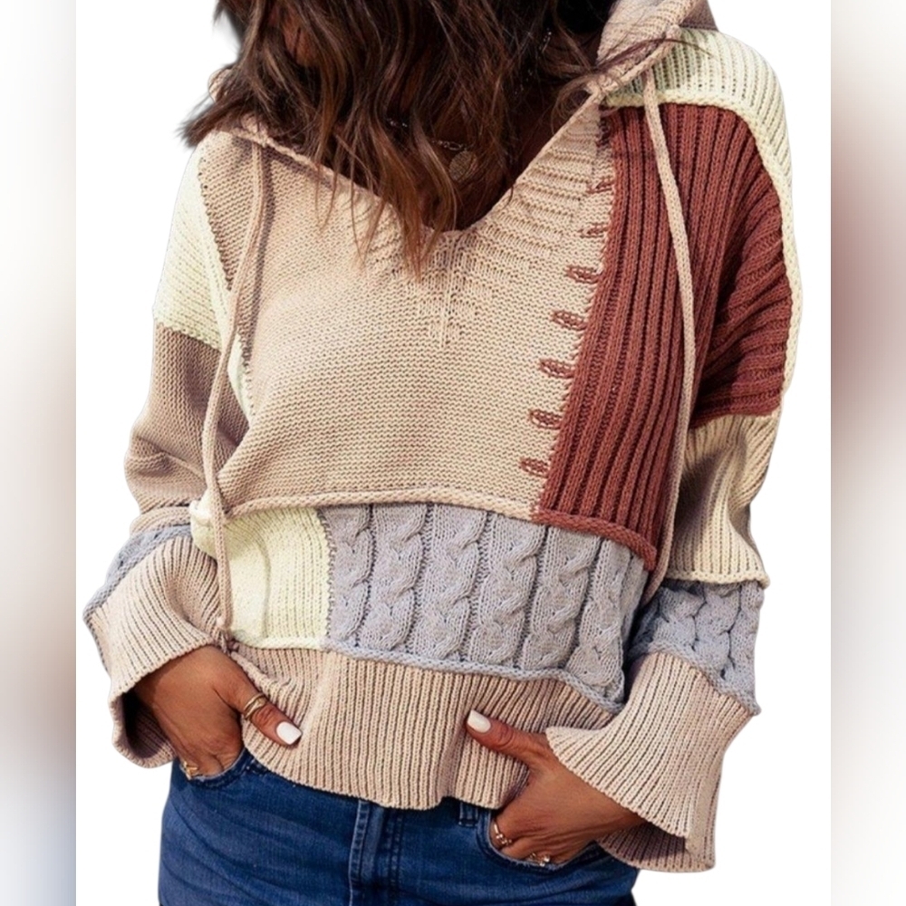 POL Color Block Multi-texture V-neck Knit Hooded Sweater Wmn L Oversized Slouchy - Picture 1 of 16